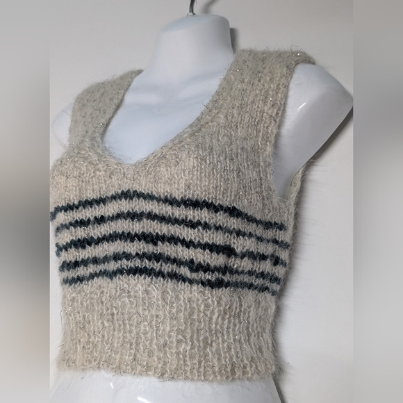 V-Neck Striped Knit Sweater Vest Handmade Shimmer Tinsel Vintage - Picture 2 of 8